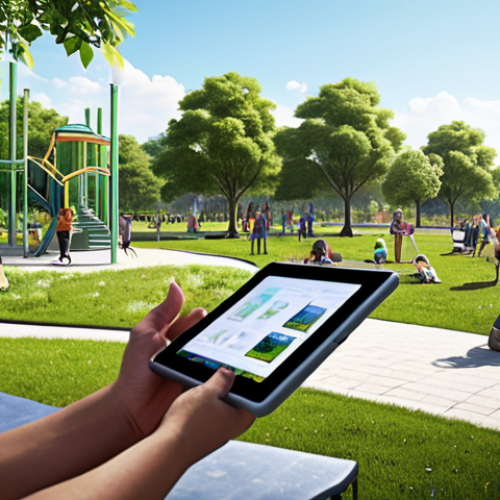 **  A community park renovation project managed by a DAO.  Visualize a diverse group of people voting on design proposals via a digital interface (tablet or phone), with a modern, eco-friendly park design in the background. Focus on the democratic and technological aspect.

**