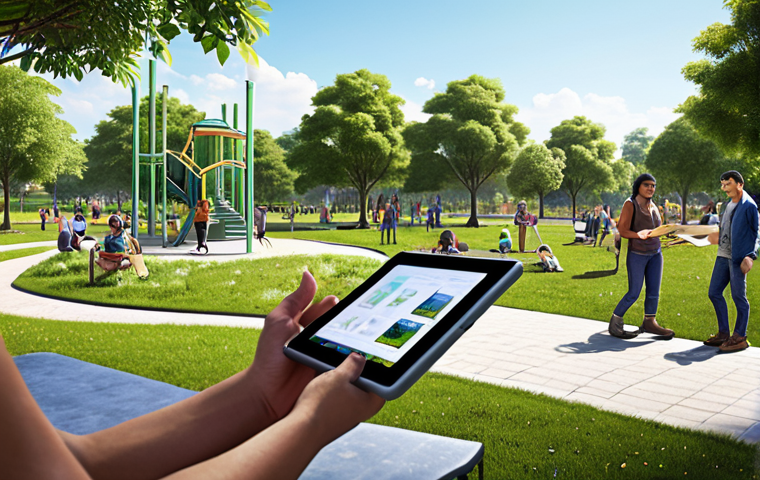 **  A community park renovation project managed by a DAO.  Visualize a diverse group of people voting on design proposals via a digital interface (tablet or phone), with a modern, eco-friendly park design in the background. Focus on the democratic and technological aspect.

**